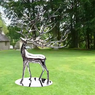 不锈钢鹿雕塑草坪园林庭院装 饰抽象金属铁丝鹿