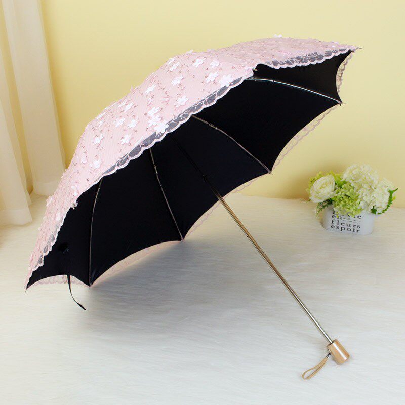 刺绣二折伞女蕾丝公主粉色双层防晒遮阳防紫外线黑胶折叠太阳伞