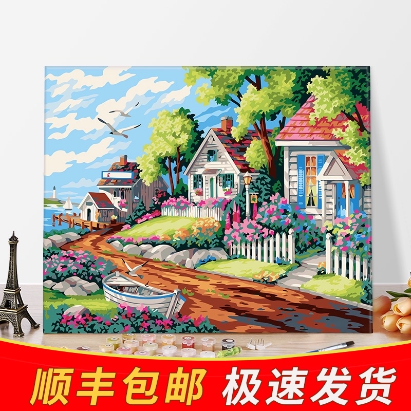 diy数字油画40*50欧式建筑客厅抽象风景大幅手绘装饰画 海边别墅图片