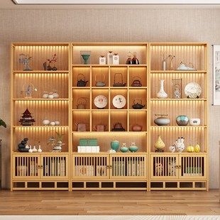 新中式实木博古架多宝阁柜茶室茶叶架茶具架置物架隔断带灯展示架