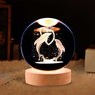 发光双海豚水晶球桌面星星灯投影儿童房摆件玻璃球男女友生日礼物