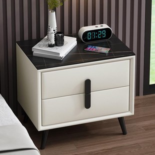 全实木床头柜简约高级感极简黑色岩板主卧室家用50猫爪皮床边柜子