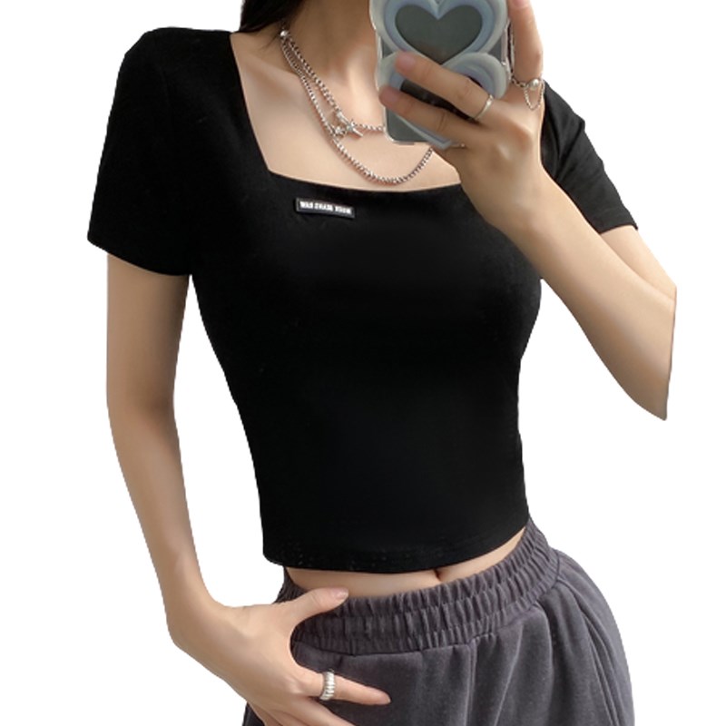 现货韩版贴标方领l露锁骨短袖t恤女夏季新款辣妹修身显瘦露脐短款