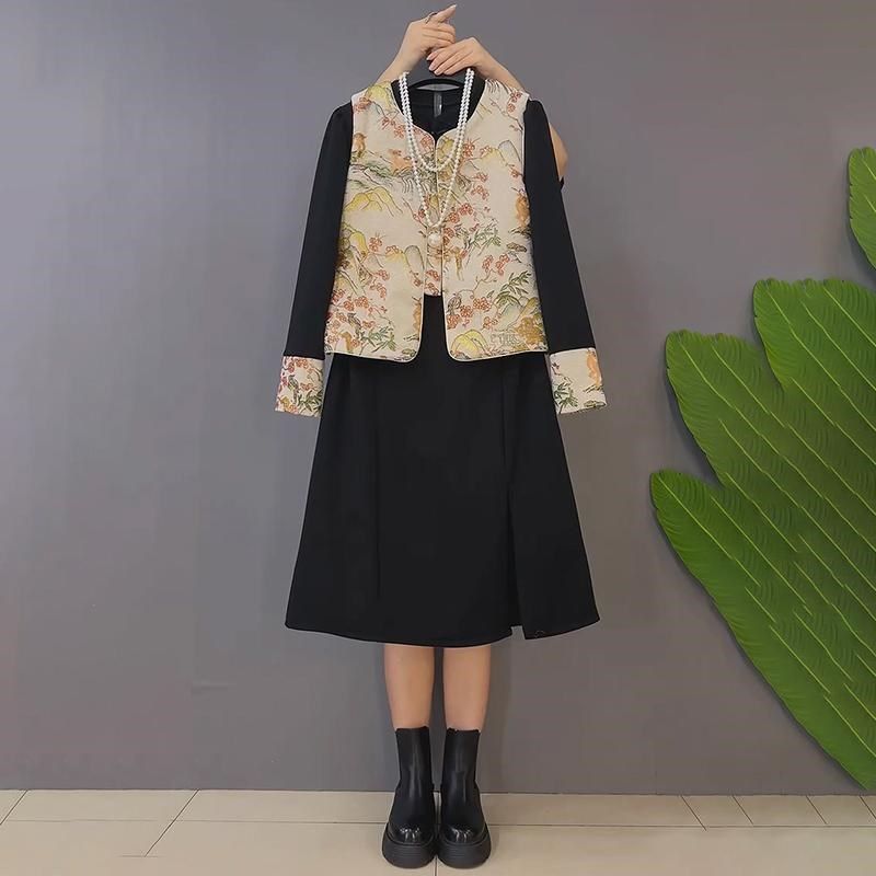 新中式国风马甲新款套装高端打底连衣裙坎肩唐装马夹加大码两件套