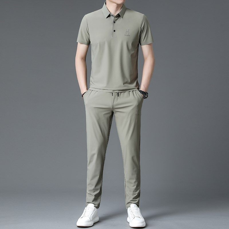 夏季冰丝速干休闲运动短袖套装男高端时尚帅气长裤翻领T恤一套潮
