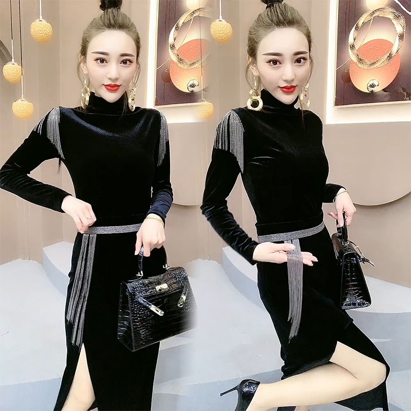 女神秋季新款气质流m苏半高领长袖T恤开叉半裙丝绒两件时尚套装女