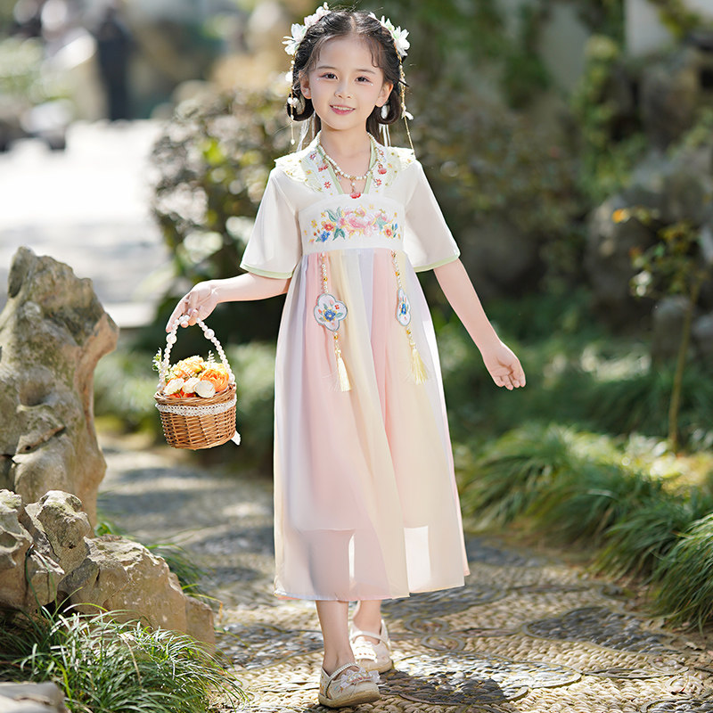 新品汉服女童连衣裙夏装2023新款改良古风超P仙公主裙夏款十岁古
