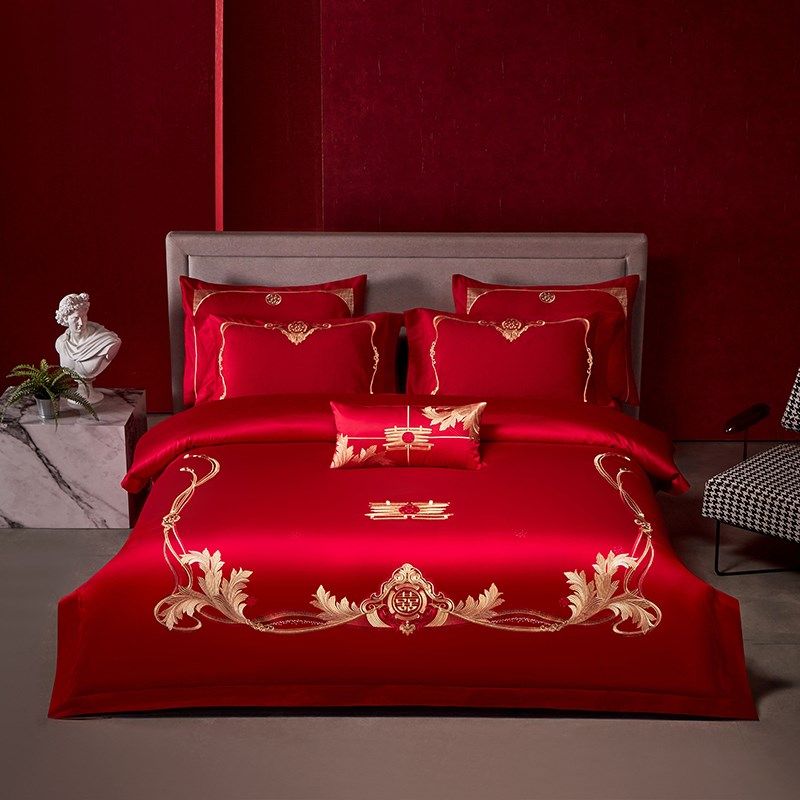 喜庆大红色结婚庆被套床单式床品四件套刺绣婚嫁婚礼床上用品,床上用品,婚庆床品套件,淘宝优惠券,粉丝福利购,淘宝优惠卷