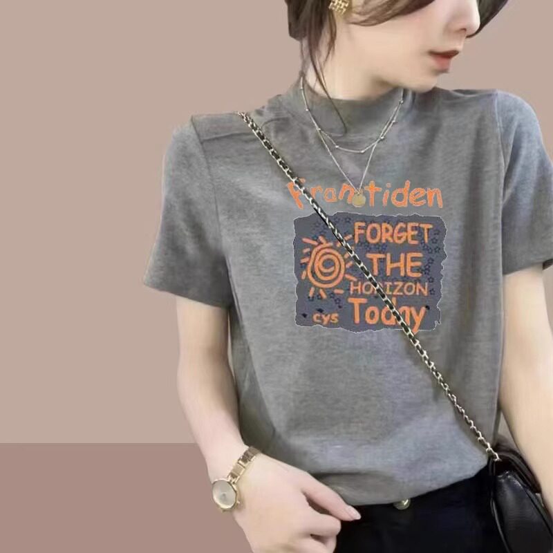 半高领纯棉短袖t恤女2023年夏季新款设计感小众显瘦半袖灰色上衣