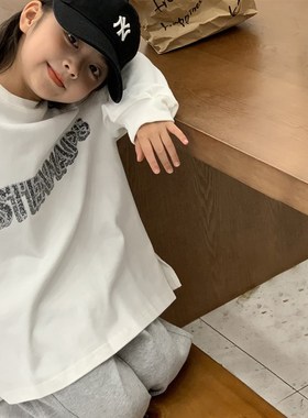 女童长袖T恤20k24新款春秋款纯棉洋派白色内搭打底衫儿童开叉上衣