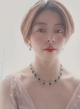 气质绿色晚礼服项链耳环套装w送人礼品微镶全锆石婚礼宴会活动配