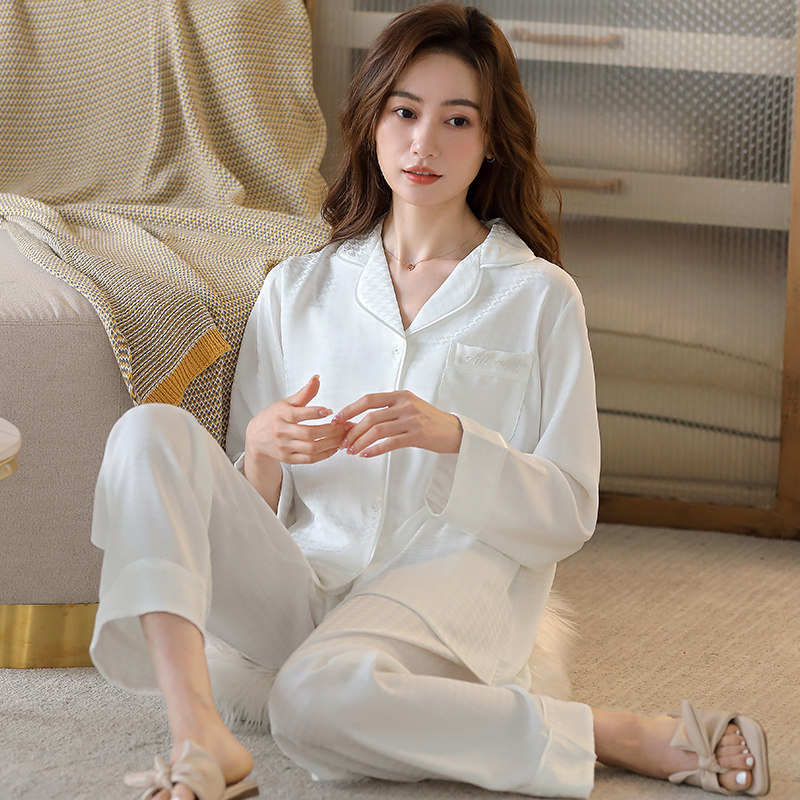 冰丝睡衣女士春秋季长袖薄款开衫丝绸夏天加大码两件套家居服套装