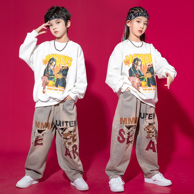 热销街舞新款潮服嘻哈男孩破洞牛仔裤hiphop套装演出服女孩爵士舞