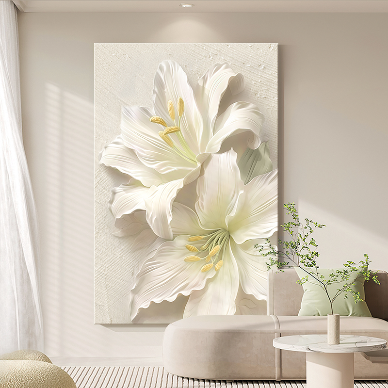 奶油风客厅沙发背景墙装饰画花卉立体浮雕挂画高级感肌理玄关壁画图片