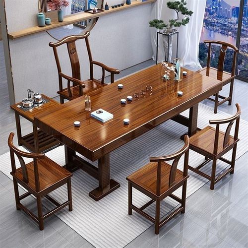 大板实木原木茶桌椅组合一桌五椅新中式茶几办公室家用泡茶台一体
