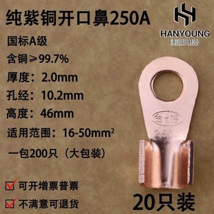 250A 国标A级厚款 铜鼻子 铜I接线端子 20只 铜接头线耳 开口鼻OT