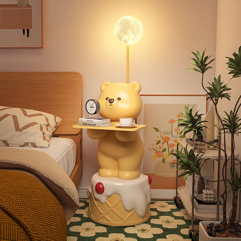 可爱蛋糕熊儿童床头柜落地灯一体卡通卧室床边柜储物收纳置物架