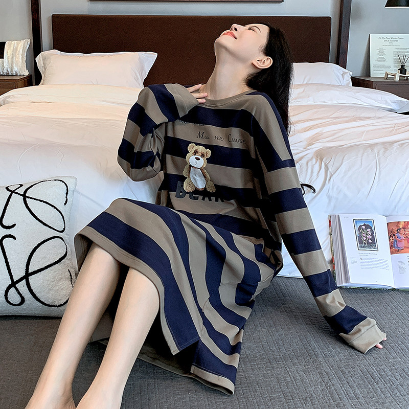 睡裙女春秋季2023年新款大尺码宽松条纹圆领长袖居家服睡衣秋冬