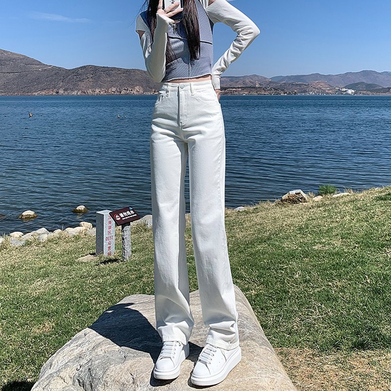 新款白色弹力修身直筒牛仔裤女烟管裤小个子高腰显瘦窄版直筒裤子