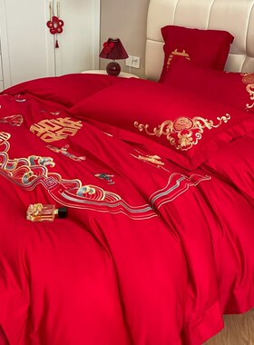 高档中式百子图刺绣结婚四件套红色床单被套纯棉喜被婚庆床上用品