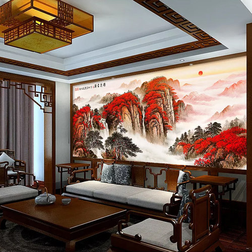 国画山水画装饰壁画客厅电视背景墙壁纸大气N会议办公壁布鸿运当