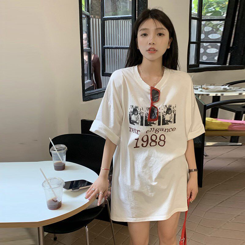 东大门美式设计感印花短袖T恤女2024夏季新款宽松休闲中长款上衣