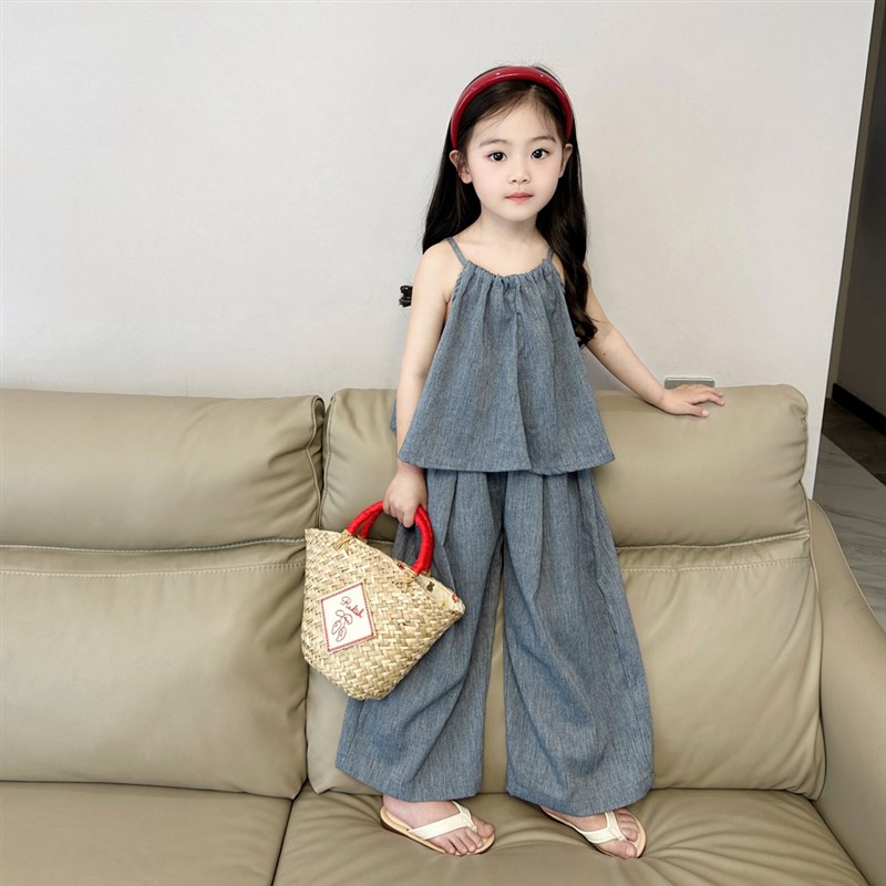 女童挂脖吊带套装夏装2024新款韩版时髦儿童亚麻背心防蚊裤两件套