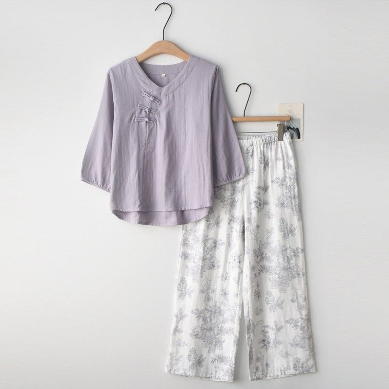 盘扣国风睡衣女士春秋夏季纱布薄款七分袖九分裤家居服套装,女士内衣/男士内衣/家居服,睡衣/家居服套装,淘宝优惠券,粉丝福利购,淘宝优惠卷