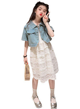 女童连衣裙洋气套装夏天韩版潮范短款牛仔外套吊带公主裙子两件套