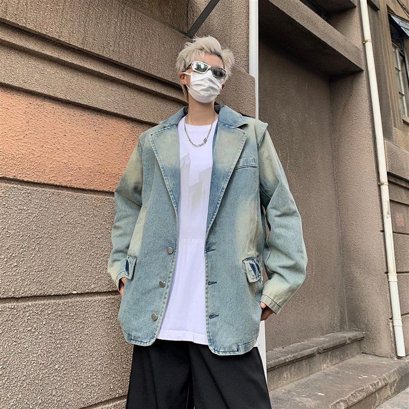 垫肩水洗牛仔西装外套男秋季潮牌高级感小众西服美式复古做旧外套