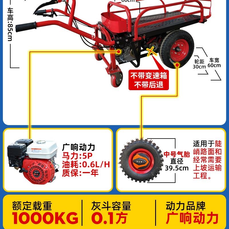 小型王工c程手推爬坡汽油柴油平板三轮车独轮载重工地农用拉货斗