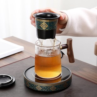 加热茶杯茶水分离玻璃杯带盖带过滤陶瓷内胆办公室泡茶杯恒温水杯