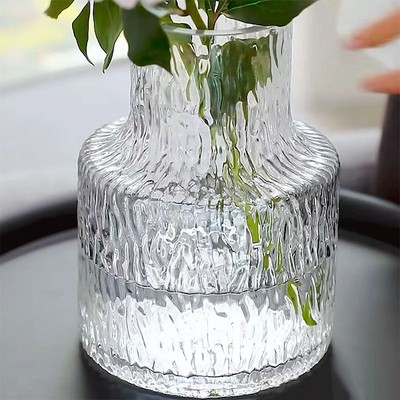 欧式轻奢冰川纹花瓶ins风高颜值大口径加厚透明玻璃新款插花摆件