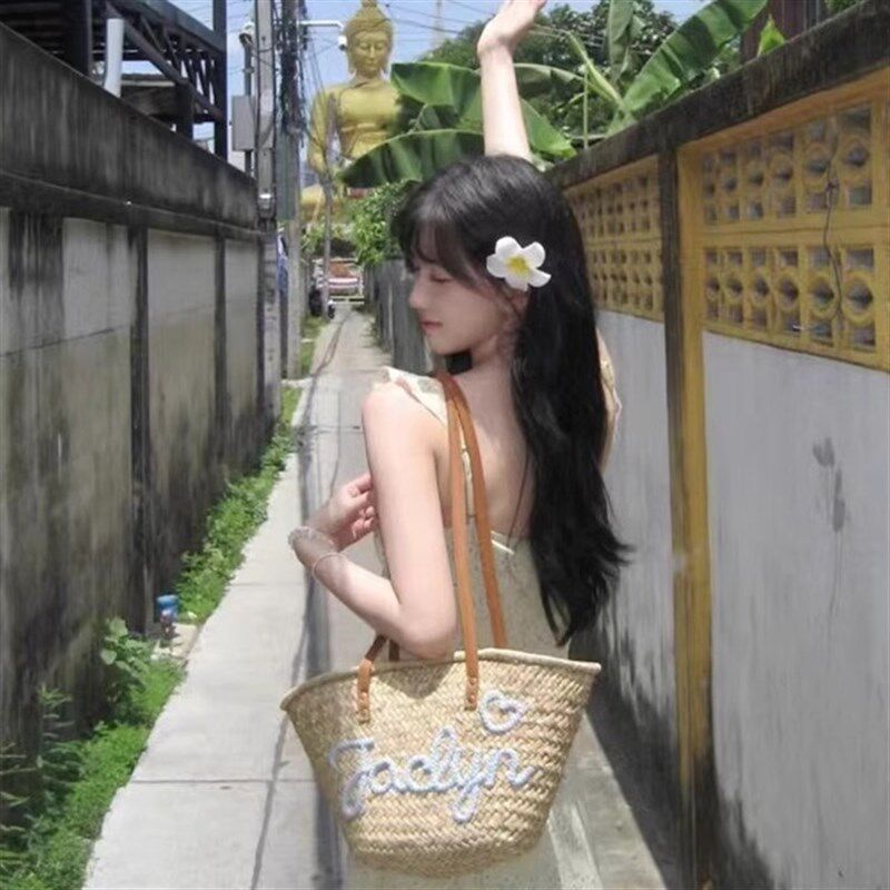 可定制字母草编包甜美花朵海边度假法式编织单肩大容量托特沙滩包