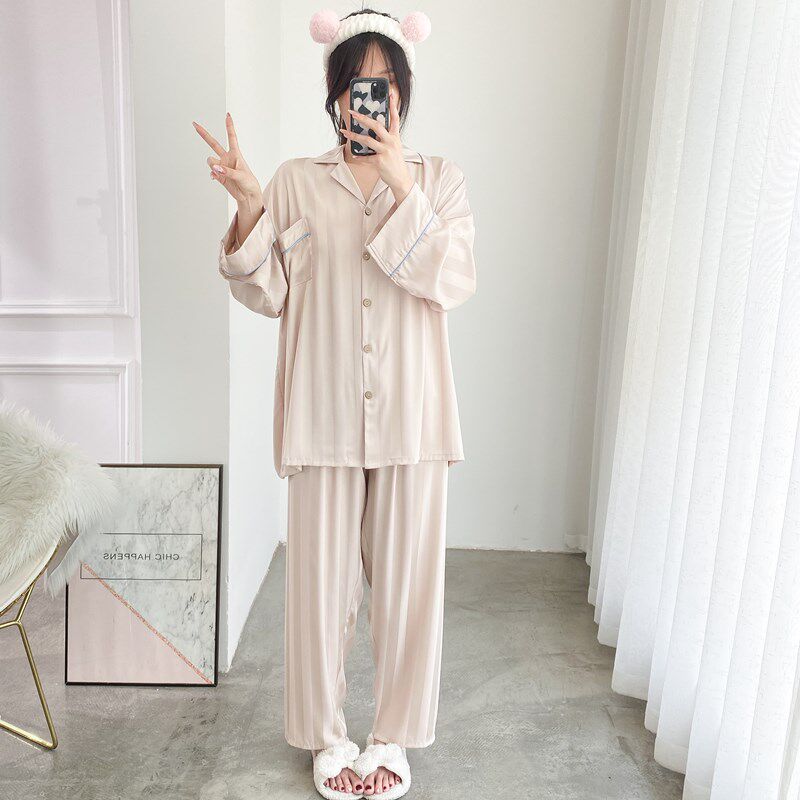 简约竖条丝绸f睡衣女开衫长袖长裤加大码胖mm200斤宽松冰丝家居服
