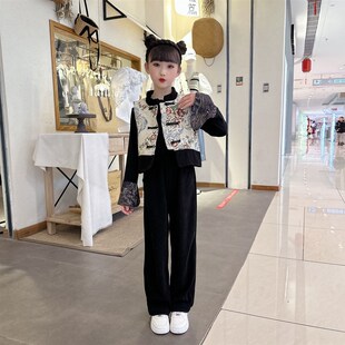 女童春装套装2024新款网红洋气中国风春秋款女孩阔U腿裤三件套唐