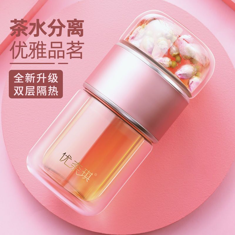 茶水分离玻璃杯女双层隔热泡茶杯带盖过滤花茶杯子迷你小水杯