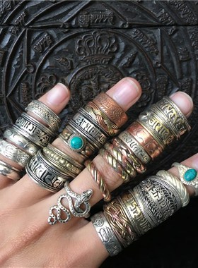 厂家西藏手工纯铜复古工艺三色铜六字真言藏银戒指特色民族风男女