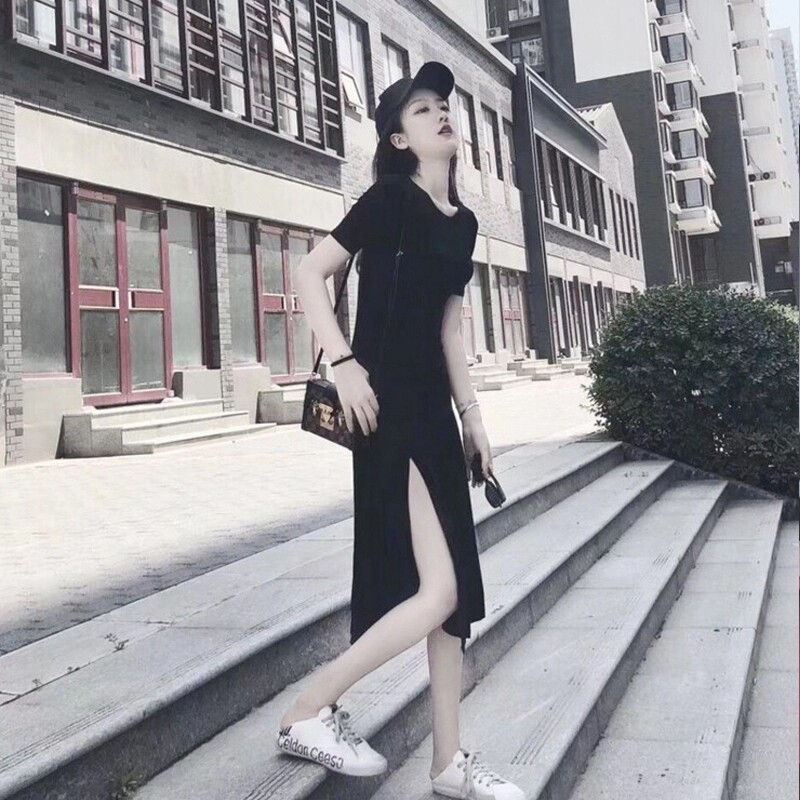 欧洲站2023夏季新款法式修身赫本小黑裙女显瘦性感开叉鱼尾连衣裙