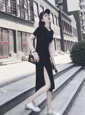 欧洲站2023夏季新款法式修身赫本小黑裙女显瘦性感开叉鱼尾连衣裙