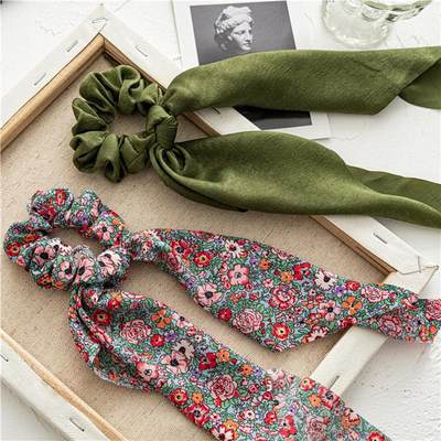 推荐Fashion Floral Print Scrunchies Solid Color Hair ribbon