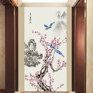 新品 玄关画风水招财过道3d 新中式 入户迎门墙玄关壁纸画进门墙竖版