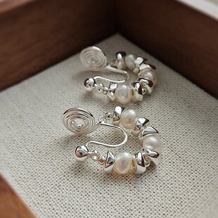 碎银子淡水珍珠耳环女简约百搭耳饰高奢蚊香盘耳夹无耳洞耳圈酷帅