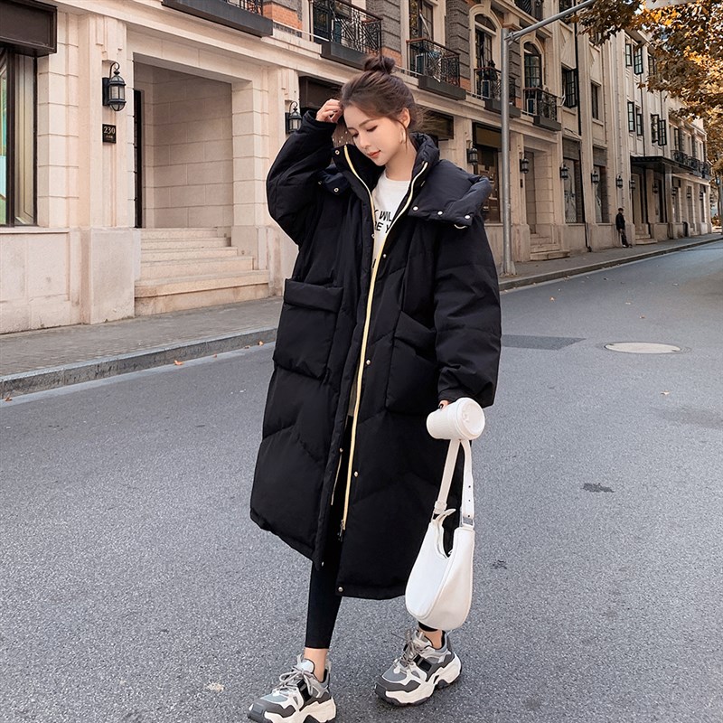 黑色中长款过膝羽绒棉服女冬季2024新款韩版宽松加厚连帽休闲棉衣