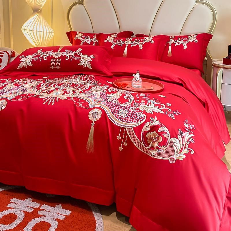 中式结婚四件套全棉2024新款刺绣被套大红色床单婚庆床品,床上用品,婚庆床品套件,淘宝优惠券,粉丝福利购,淘宝优惠卷