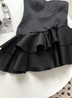 Ms XIDU 小礼服黑色连衣裙女春夏新款抹胸短裙不规则蛋糕裙蓬蓬裙