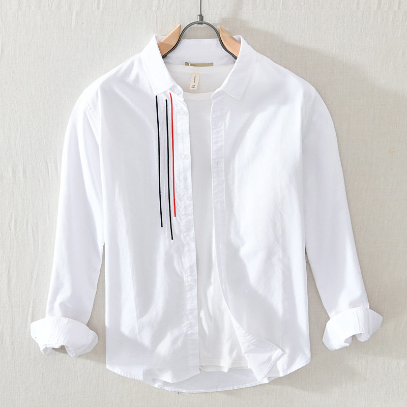 日系长袖衬衫男士春夏季纯棉牛津纺宽松上衣服休闲内搭刺绣白衬衣