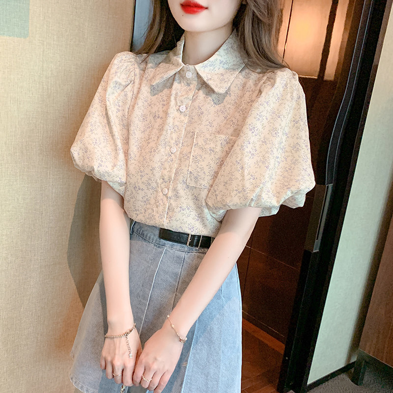 新品法式甜美碎花衬衫女夏装新款复古灯笼袖上衣R宽松显瘦洋气减