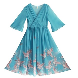 春装 2023年新款 区 文艺复古国风连衣裙雪纺印花长裙女 99元