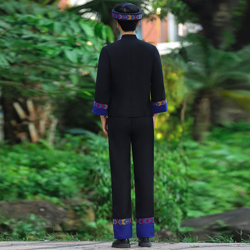 24新款黑色壮族服装男传统民族服饰儿K童民族服舞蹈舞台表演服